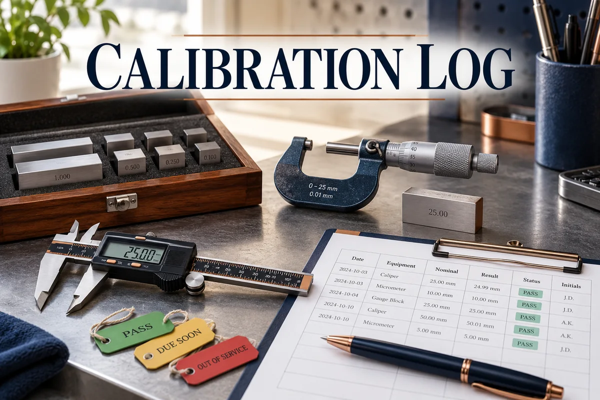 Metrology bench with a caliper, micrometer, gauge blocks and calibration record clipboard.