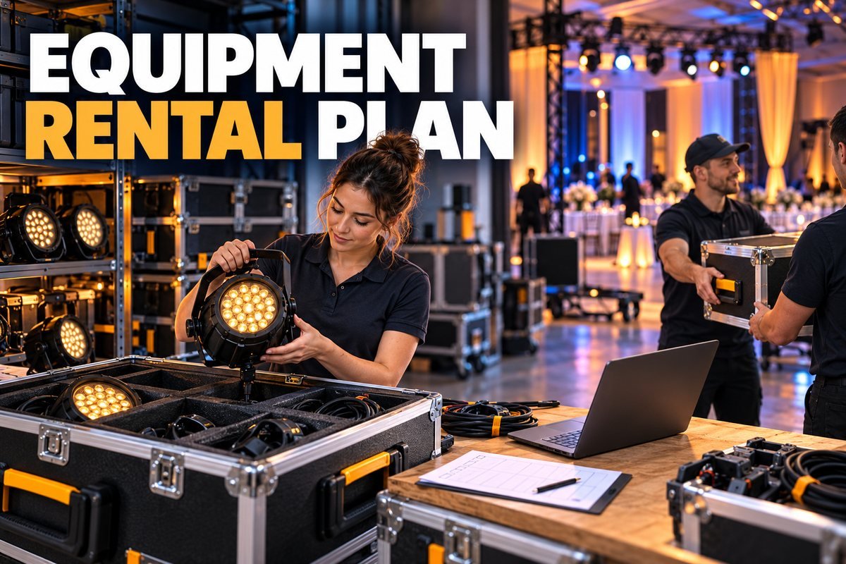 Event lighting rental team inspecting equipment and a booking handoff under Equipment Rental Plan