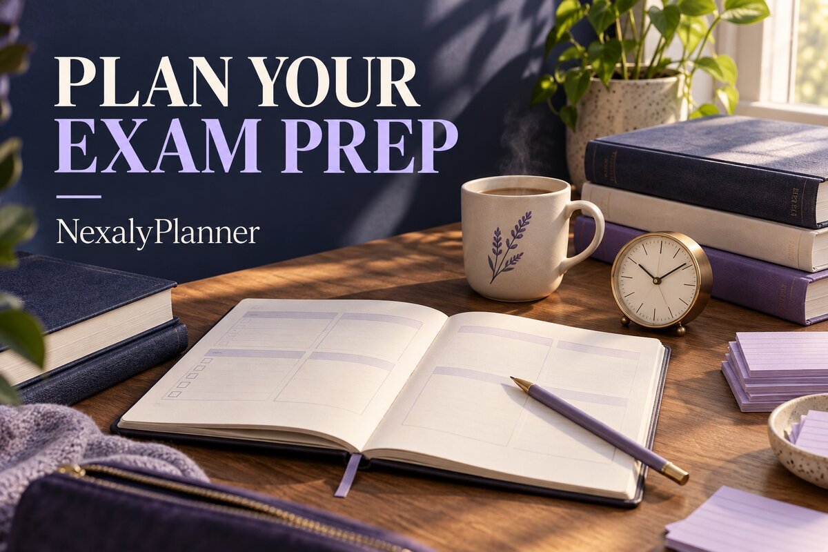 Study desk with a planning notebook, textbooks and a clock under the heading Plan Your Exam Prep