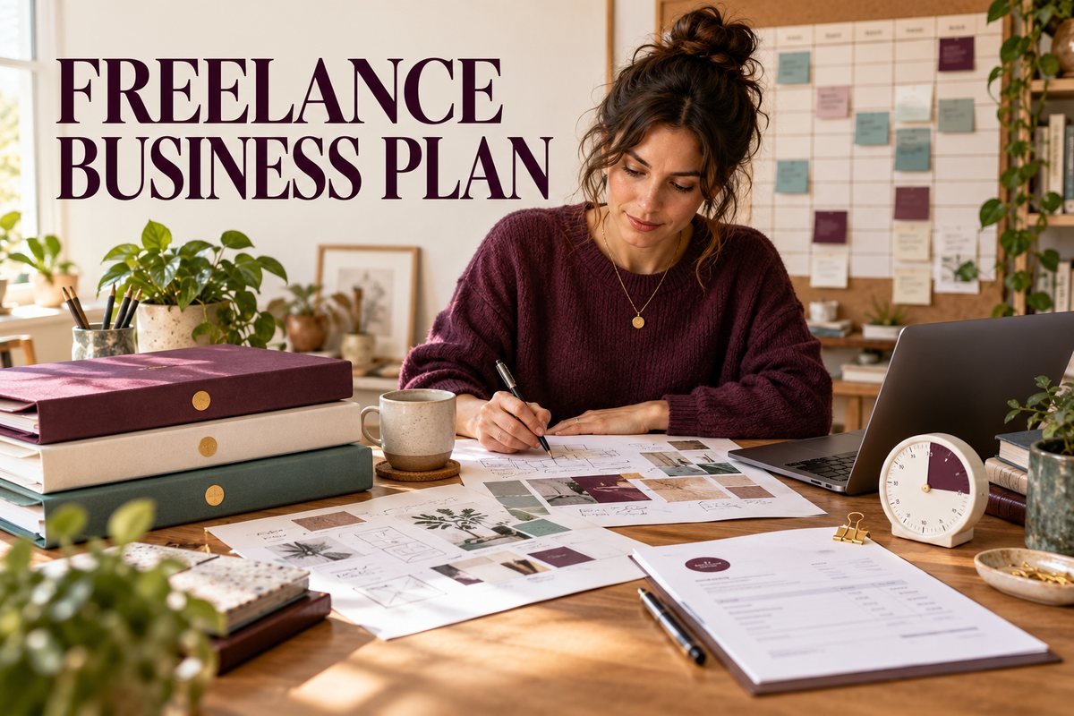 Freelance designer reviewing client work and a calendar under Freelance Business Plan