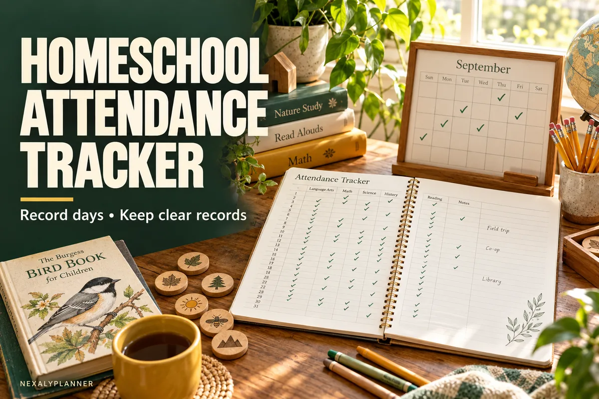 Homeschool attendance tracker cover with a calendar, learning books and an attendance notebook
