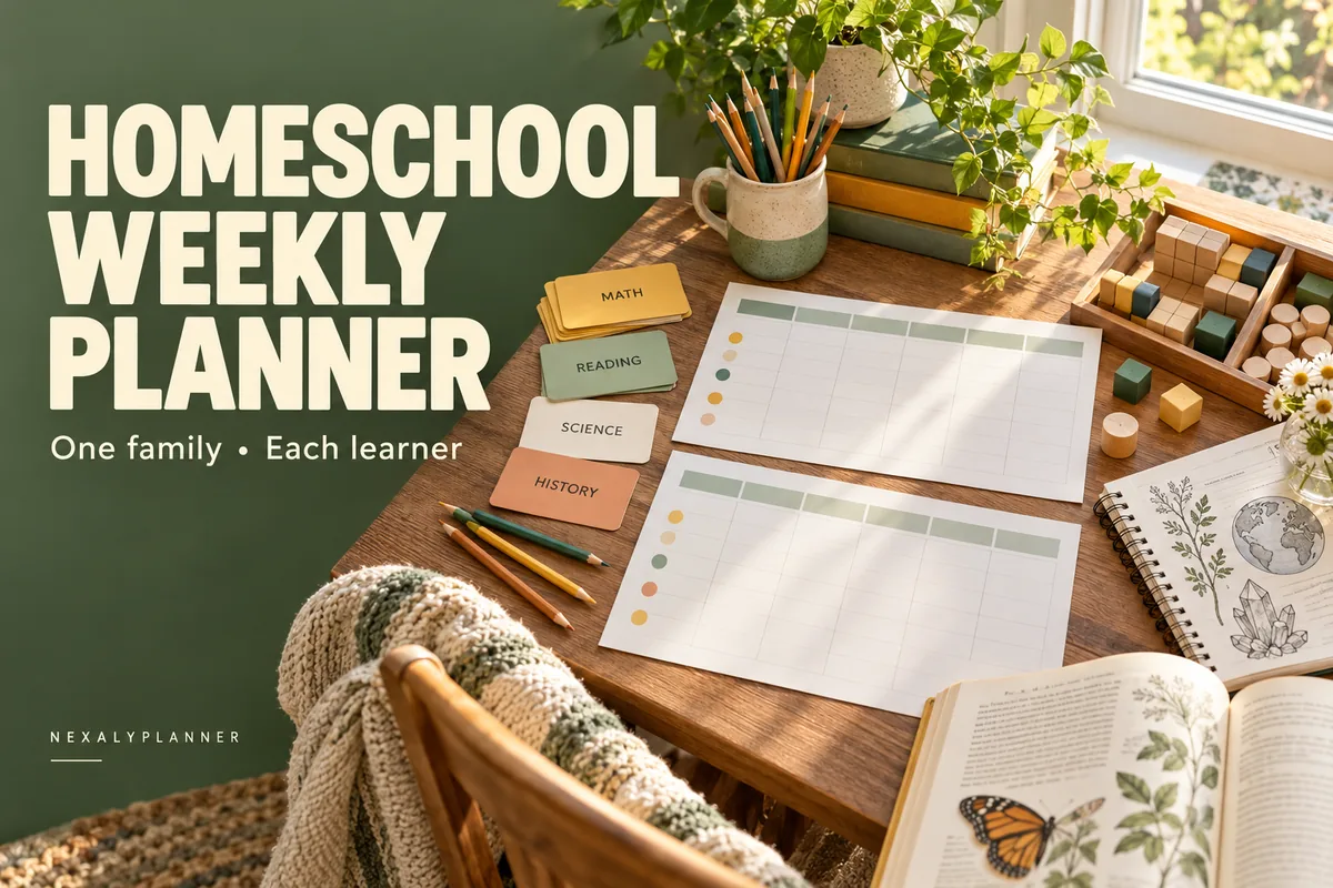 Homeschool weekly planner cover with two learner planning sheets and subject materials