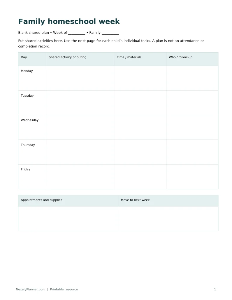 Actual preview of the free printable homeschool weekly planner