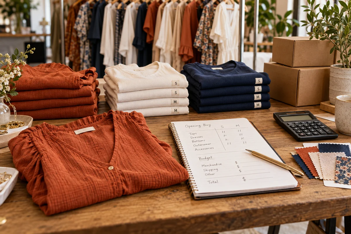 Boutique owner planning an opening clothing assortment by size and purchase budget