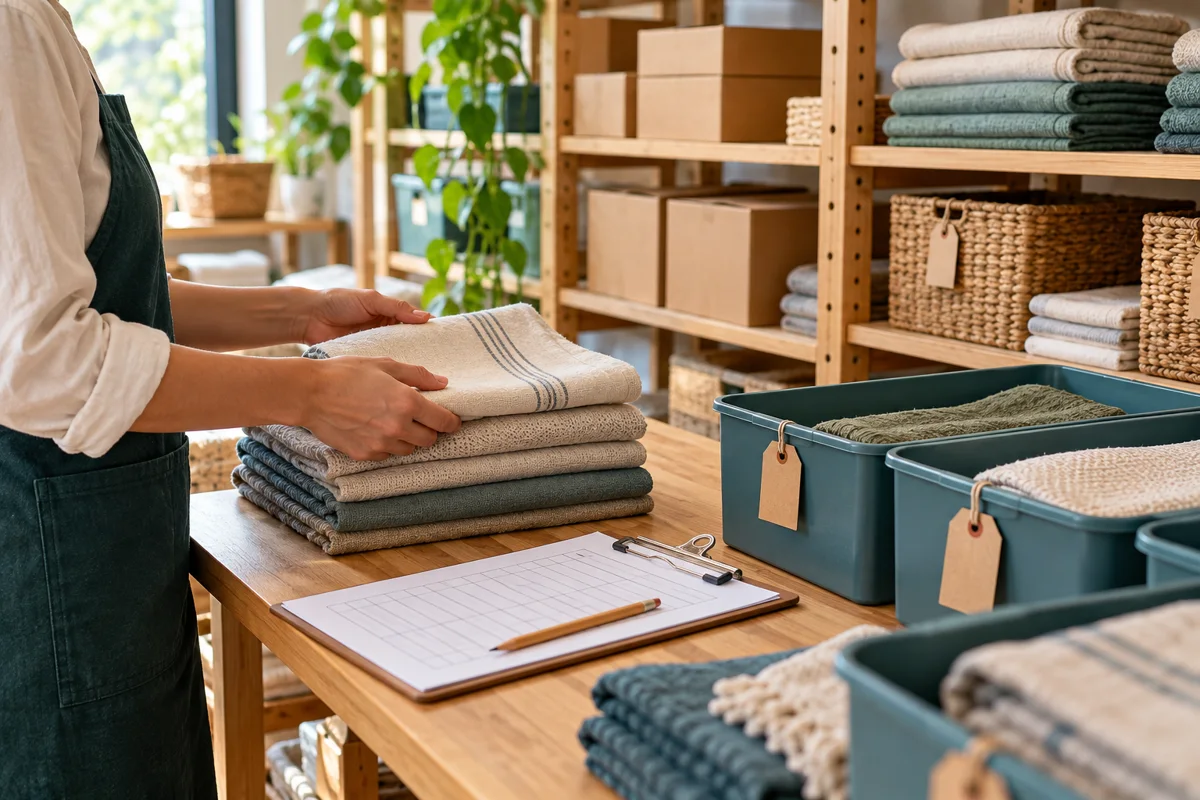 Hands counting textile stock beside a clipboard and labeled storage bins in a small stockroom.