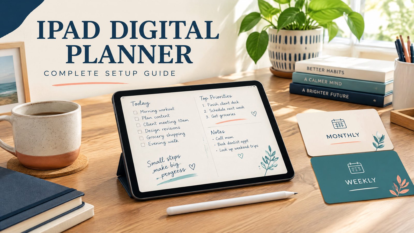 iPad with Apple Pencil beside a digital weekly planner, Files folder, and notes for an offline setup