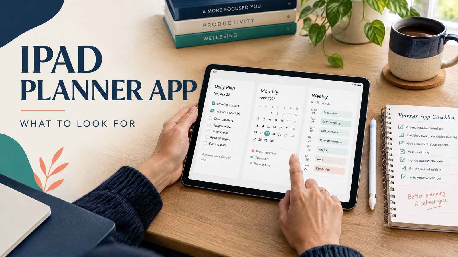 iPad showing a digital planner comparison with Apple Pencil, PDF, Goodnotes, Notion, and offline HTML options