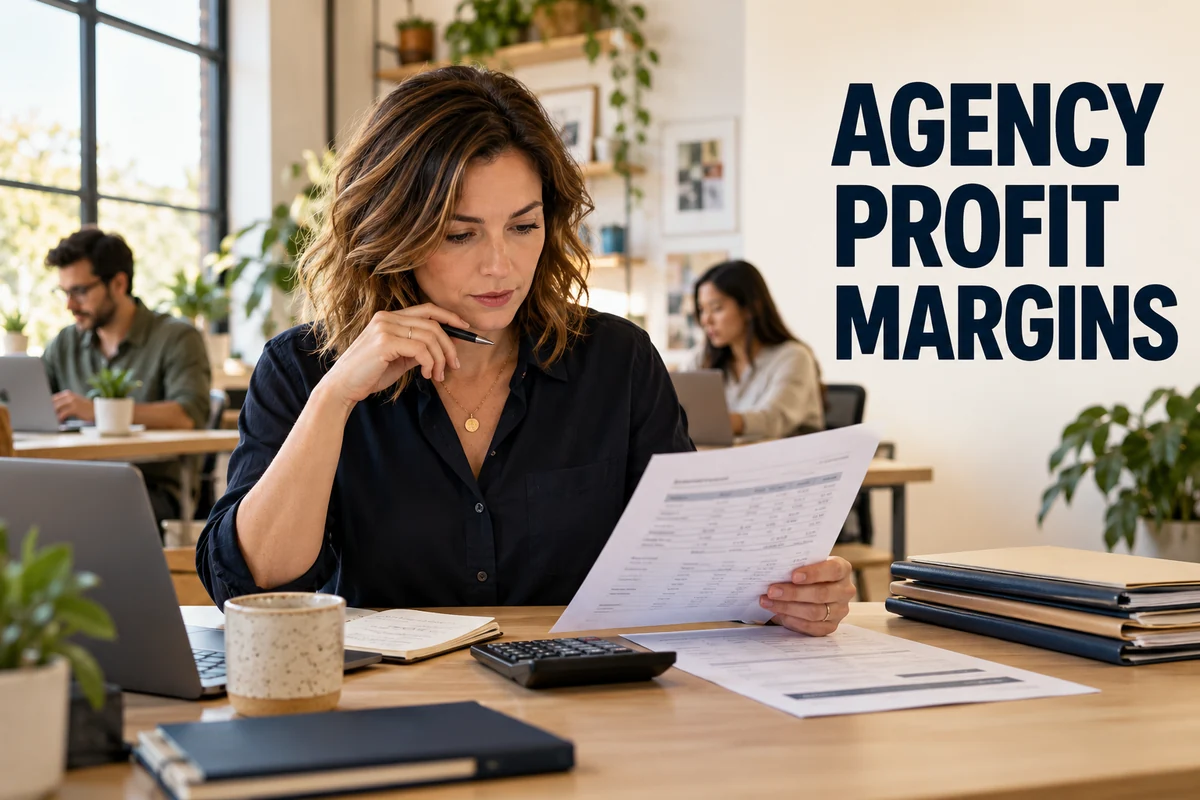 Agency owner reviewing a monthly income statement and calculator while colleagues work in a studio.