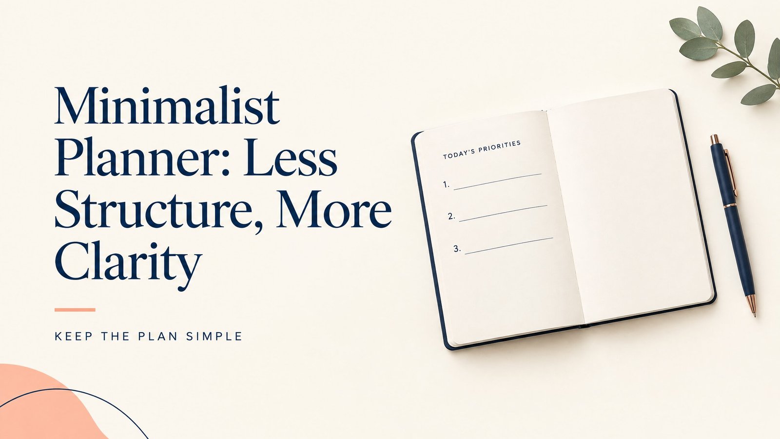 Open minimalist planner with three priorities, a short schedule, and a notes area on a clean desk