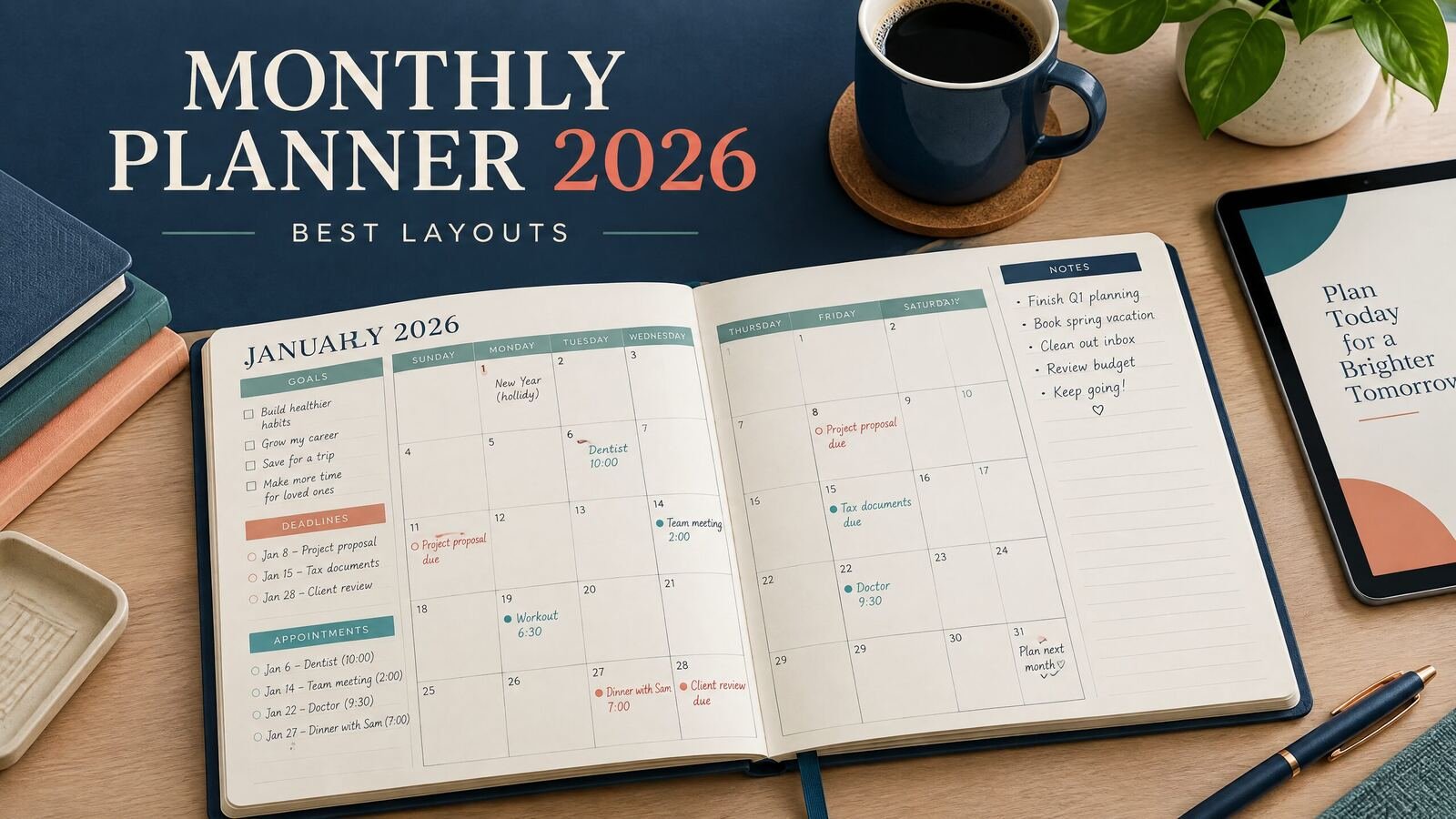 Open monthly planner 2026 showing a calendar grid, priorities, and notes for a realistic March planning example