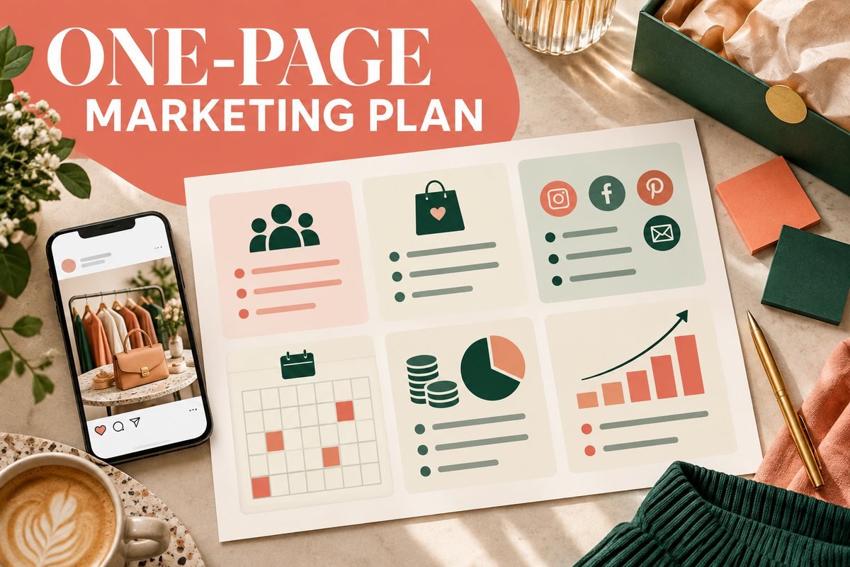 Boutique marketing plan with audience, offer, channels, budget and calendar under One-Page Marketing Plan