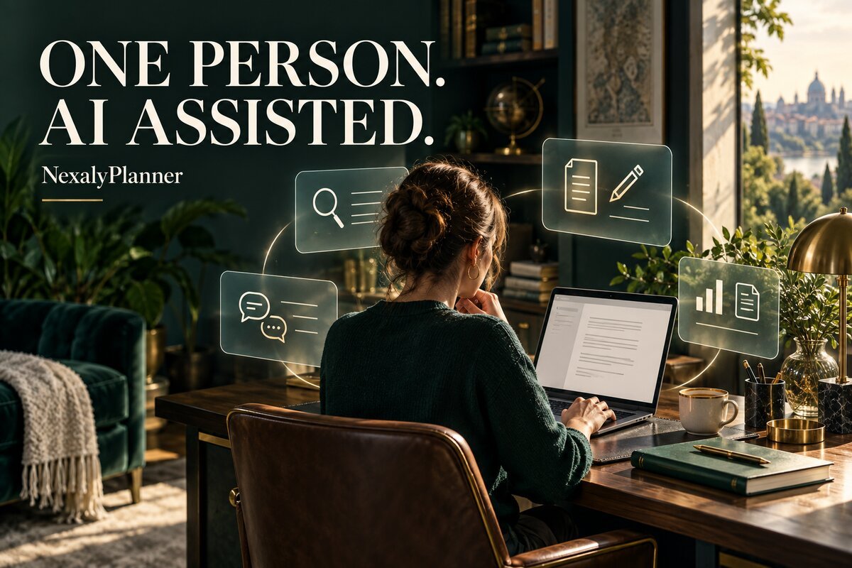 A solo business owner at a laptop with conceptual AI panels for research, writing, support and business records