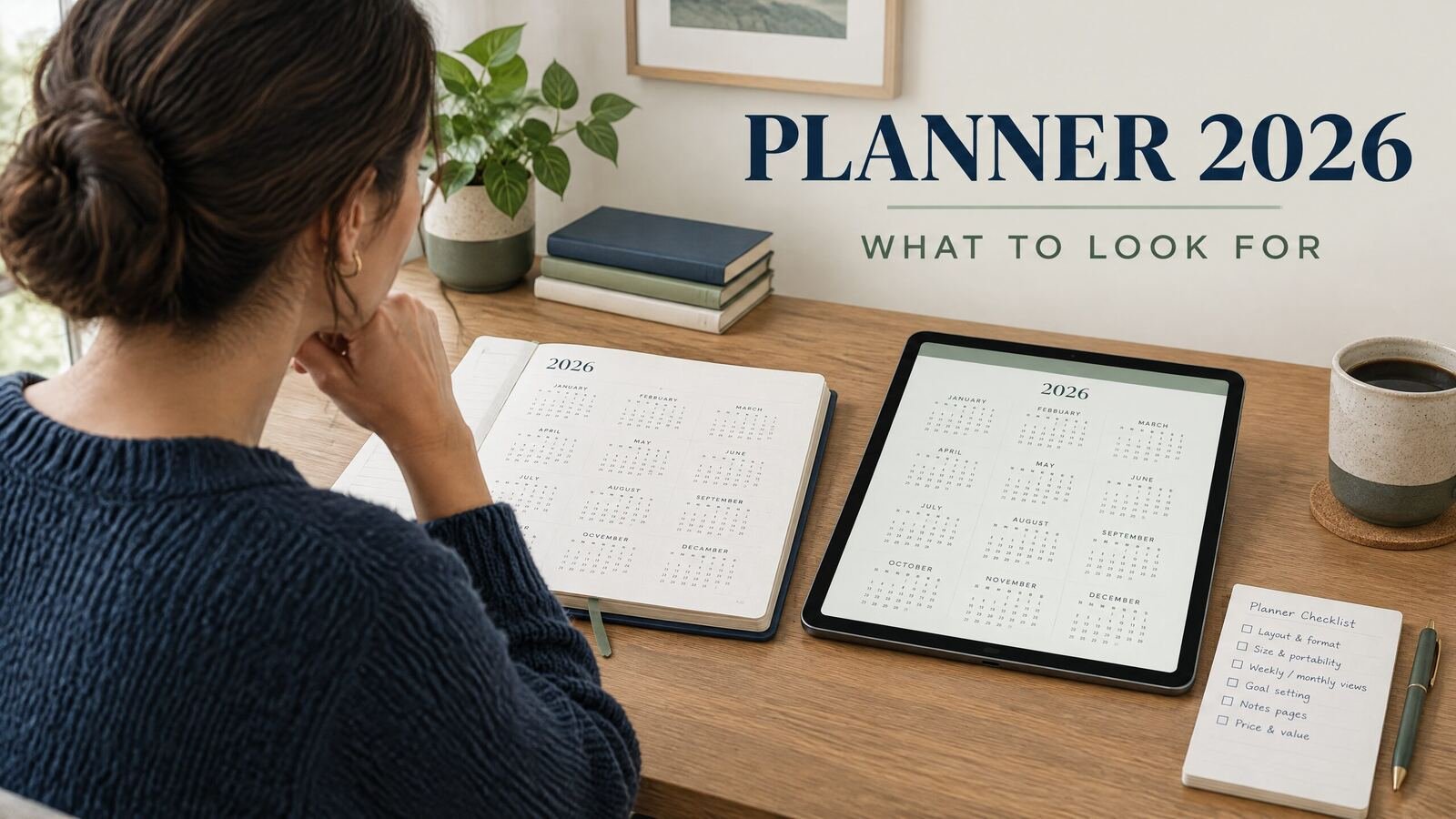 Open 2026 planner beside a tablet and handwritten weekly schedule