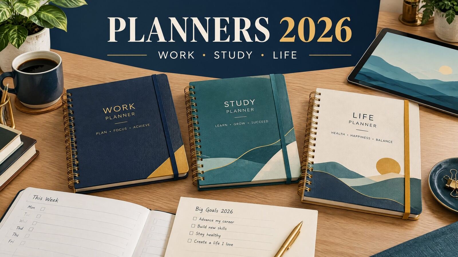 Open 2026 planner with monthly, weekly, and daily planning pages for work, study, and home life