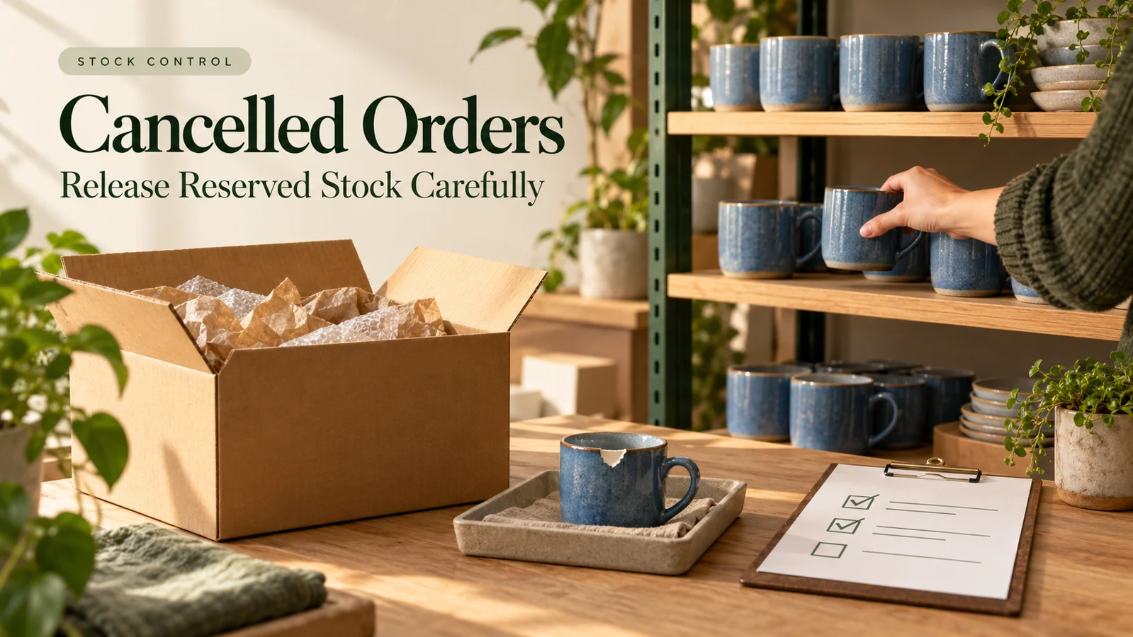 Stockroom with a usable blue mug returning to a shelf and a chipped mug kept separately for inspection.