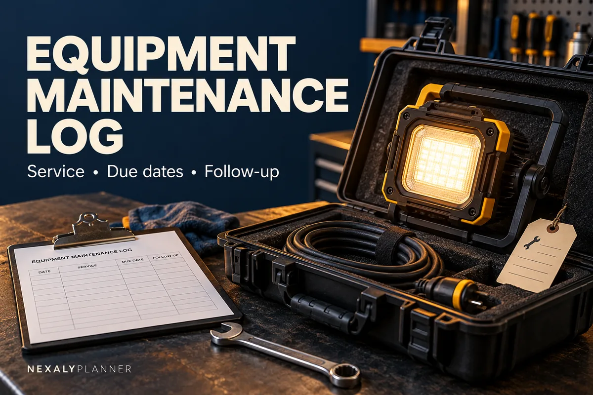 Equipment maintenance log cover showing a work light and service record