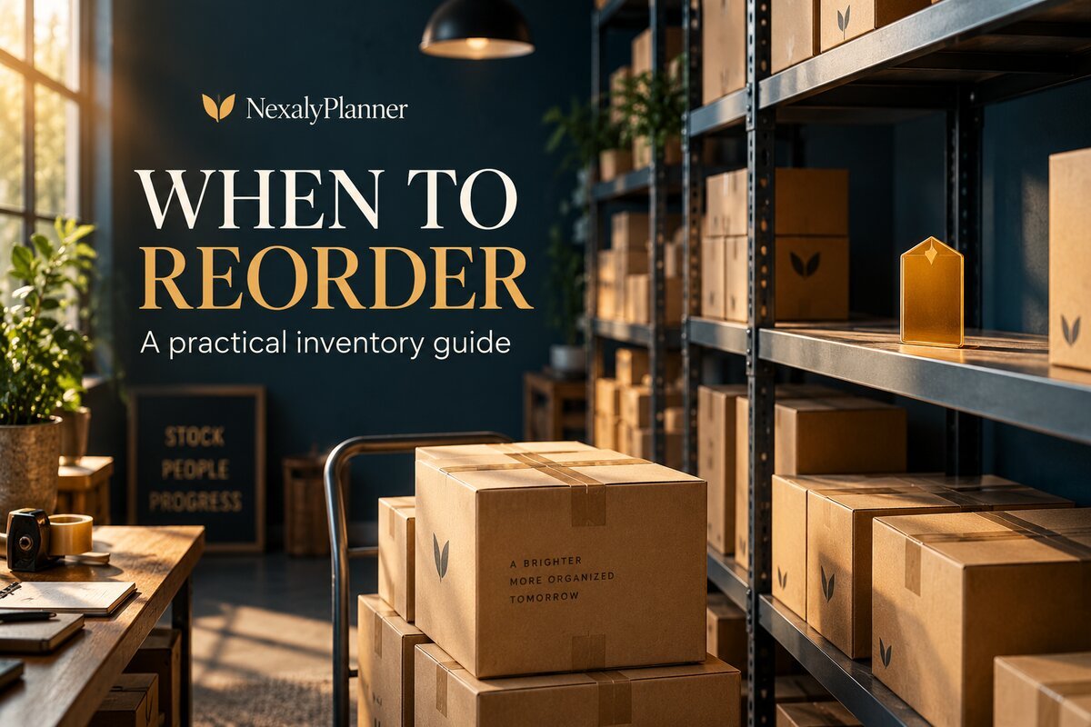 Organized stockroom with parcels, a low-stock shelf marker and the heading When to Reorder