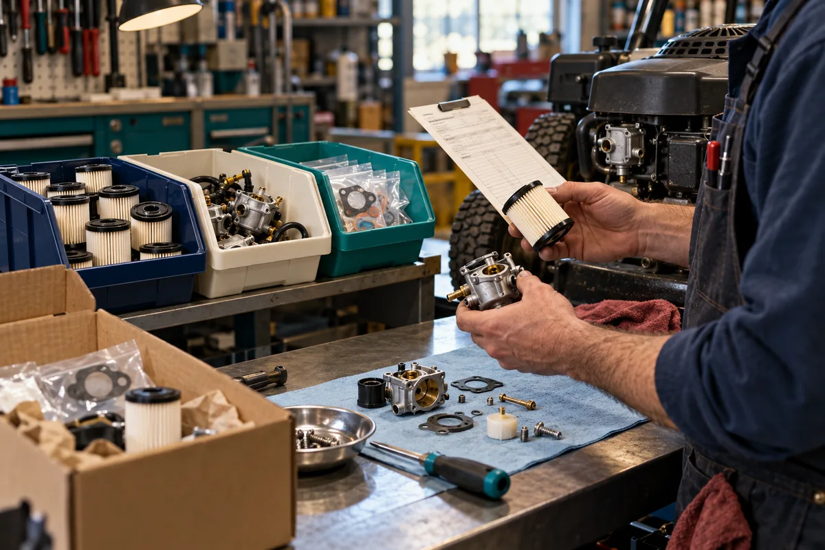 Repair technician comparing a filter and parts bins with a work order
