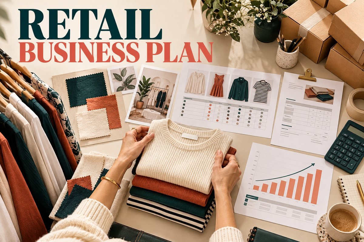 Boutique owner assembling clothing stock, size plan, shipping supplies and a sales forecast under Retail Business Plan