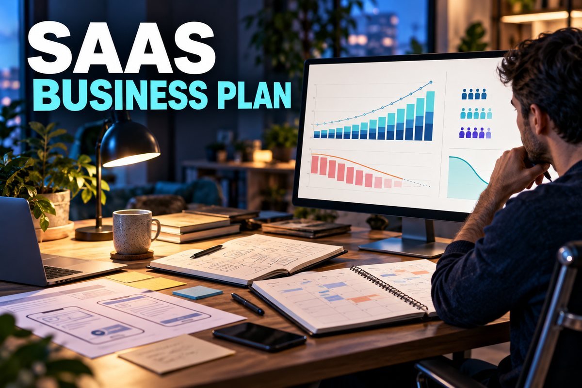 Founder reviewing subscriber growth and cash runway charts under SaaS Business Plan