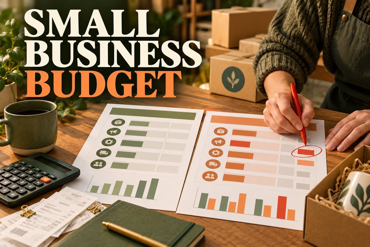 Owner comparing planned and actual costs on two budget sheets under Small Business Budget