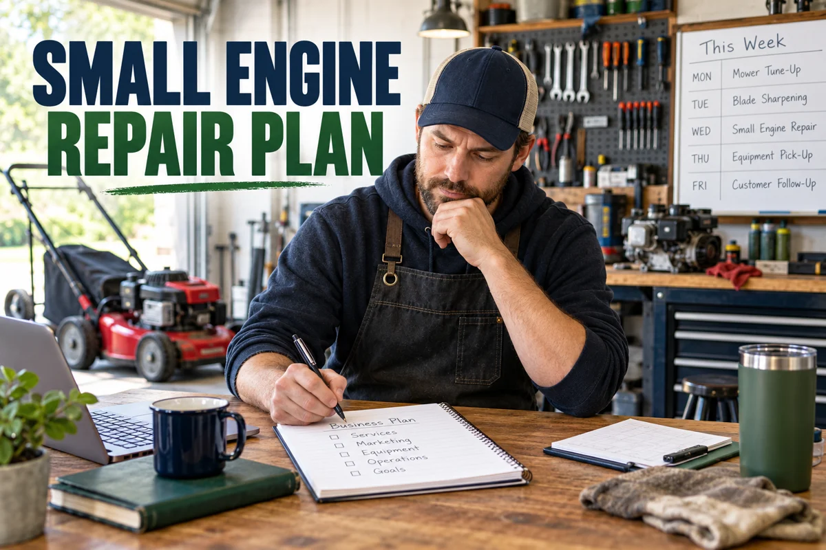 Small-engine repair shop owner planning appointments and services at a workshop desk.