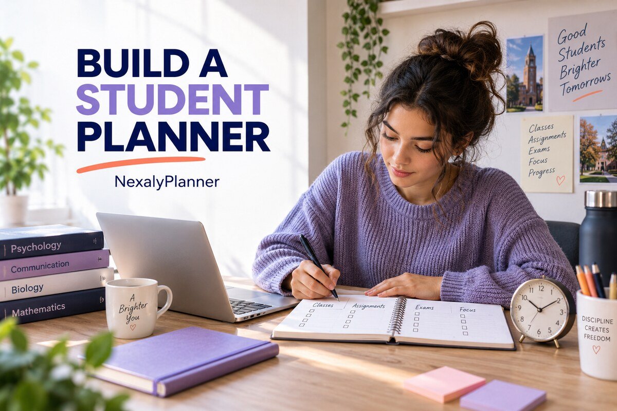 College student organizing classes, assignments, exams and focus sessions under the heading Build a Student Planner