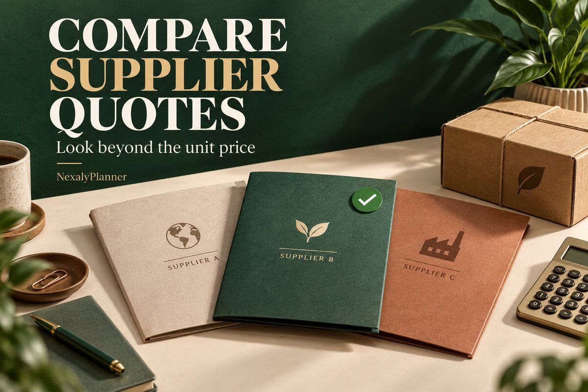 Three supplier quote folders beside a parcel and calculator, with the heading Compare Supplier Quotes