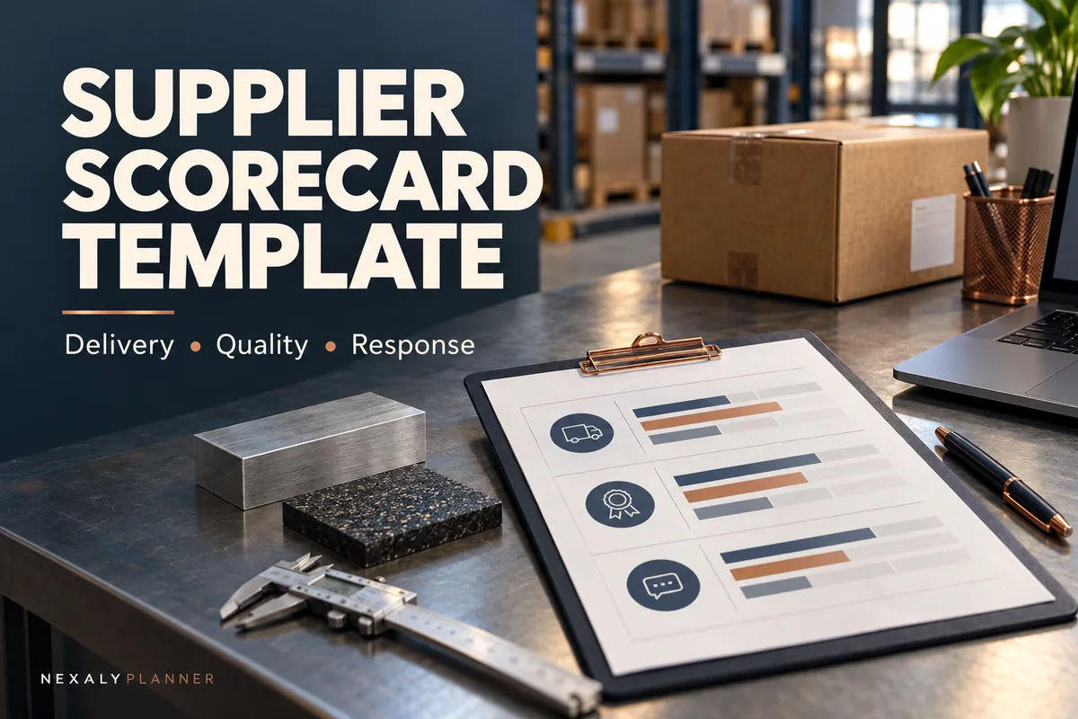 Supplier scorecard template cover with purchasing records and material samples