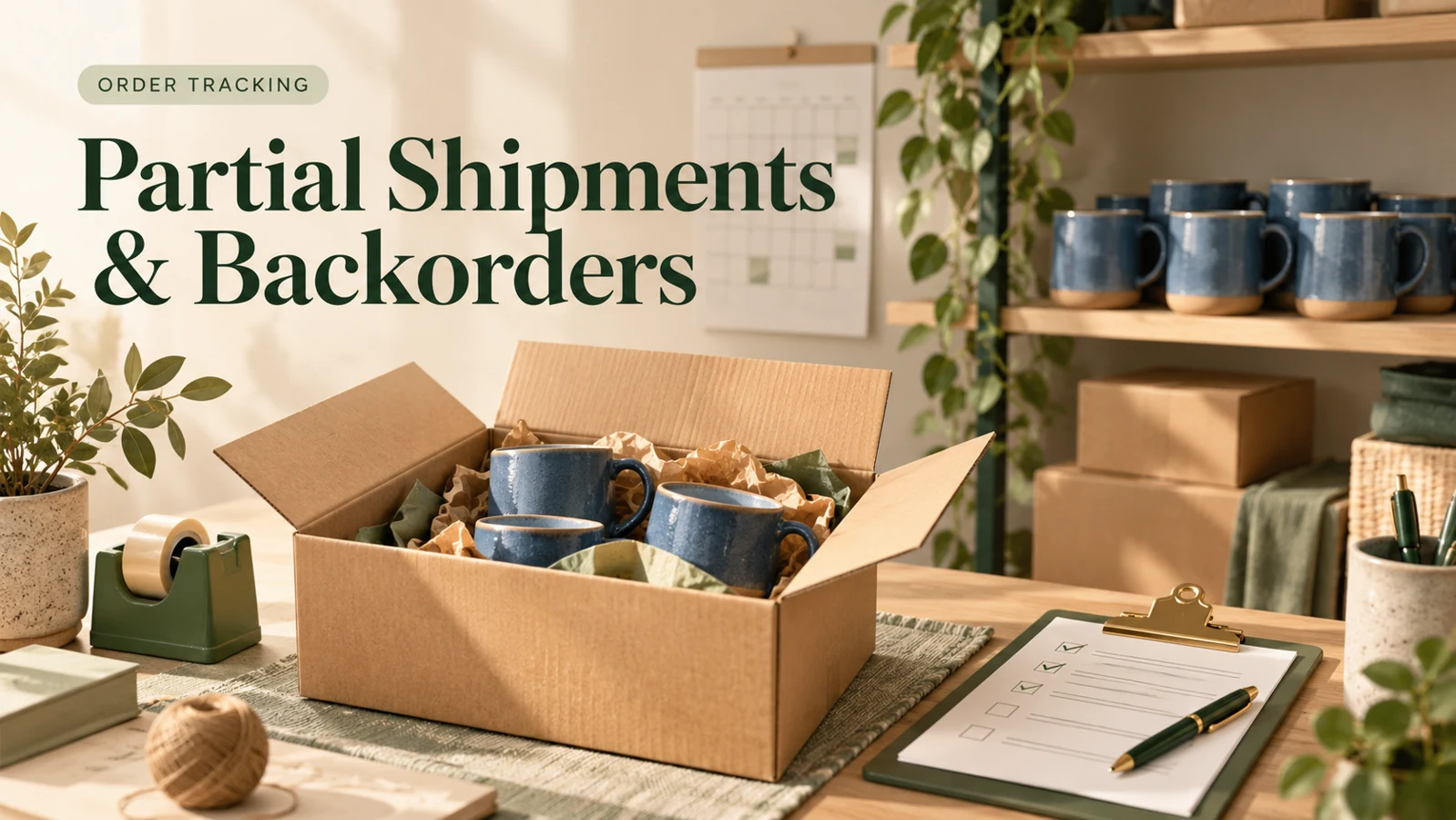 Packing desk with blue mugs in an outgoing parcel and additional mugs on a shelf for a later shipment.