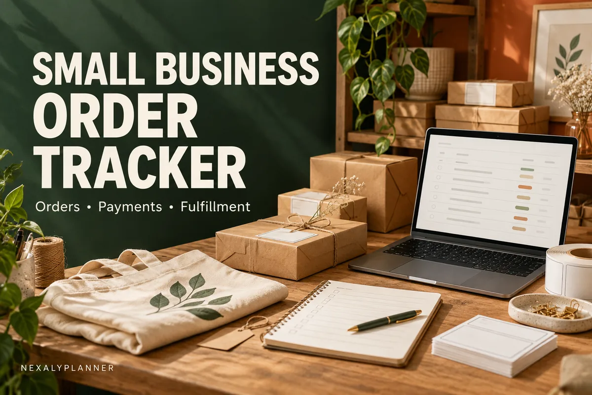 Small business order tracker cover showing parcels, an order checklist and a packing workspace