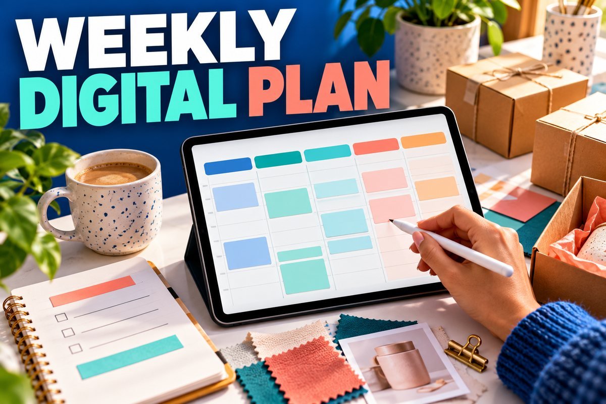 Tablet weekly calendar beside small-business parcels and task notes under Weekly Digital Plan