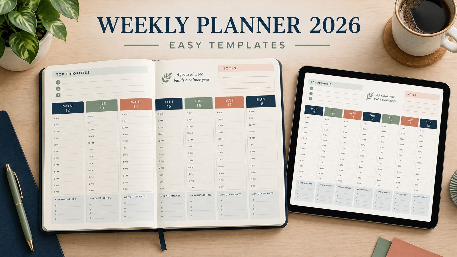 Open 2026 weekly planner showing priorities, appointments, daily tasks, and a short weekly review