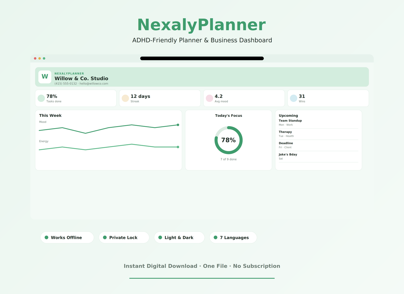 ADHD digital planner for adults with focus, tasks, routines and goals in an interactive offline dashboard