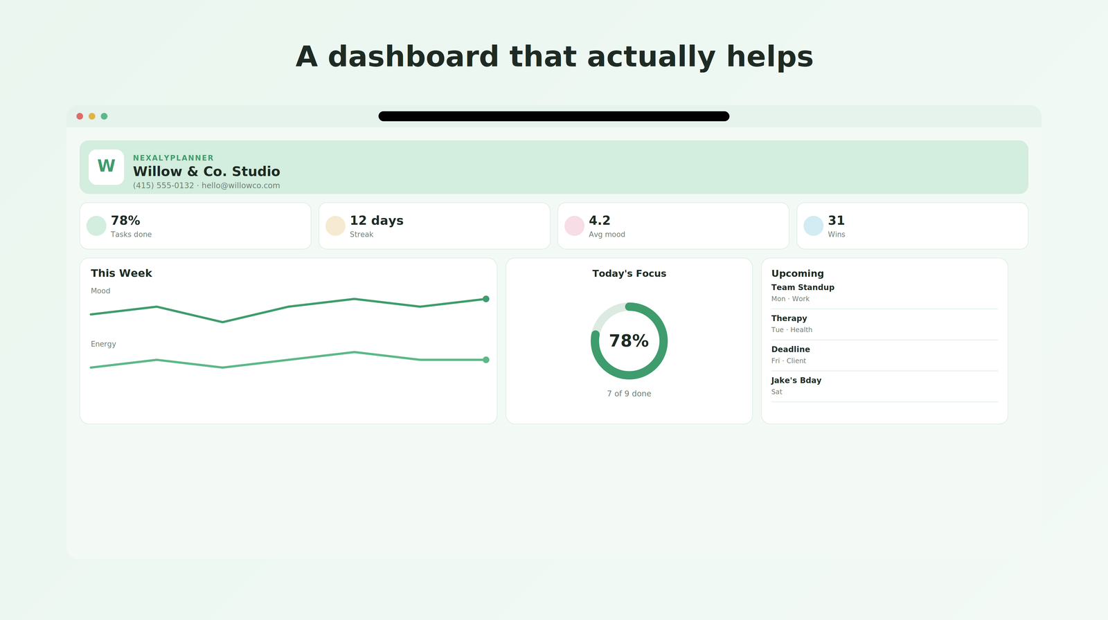 ADHD daily focus dashboard with one main focus, quick check-in, top tasks and progress overview