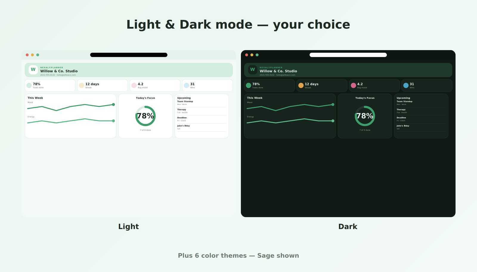 ADHD planner light and dark modes with eight color themes and seven language options