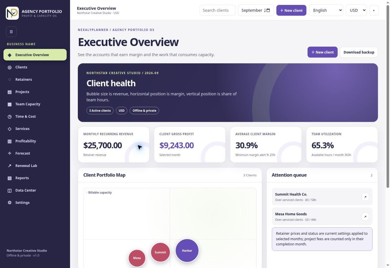 Actual Agency Portfolio OS executive dashboard with fictional client profit and capacity data