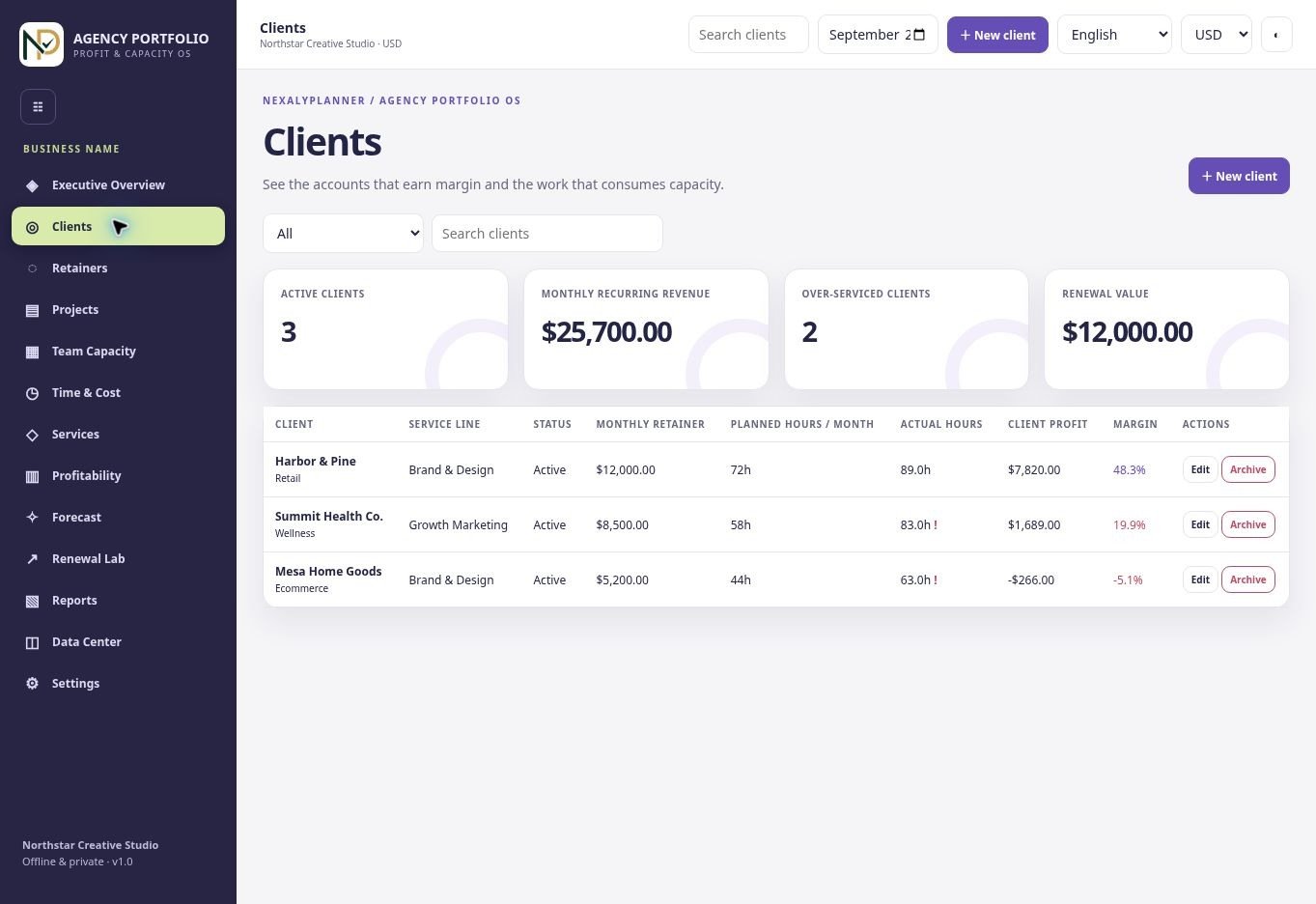 Actual Agency Portfolio OS Clients screen with fictional Northstar Creative Studio demo records