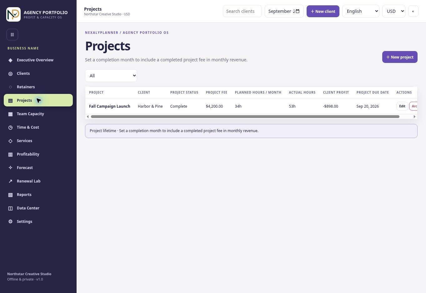Actual Agency Portfolio OS Projects screen with fictional Northstar Creative Studio demo records