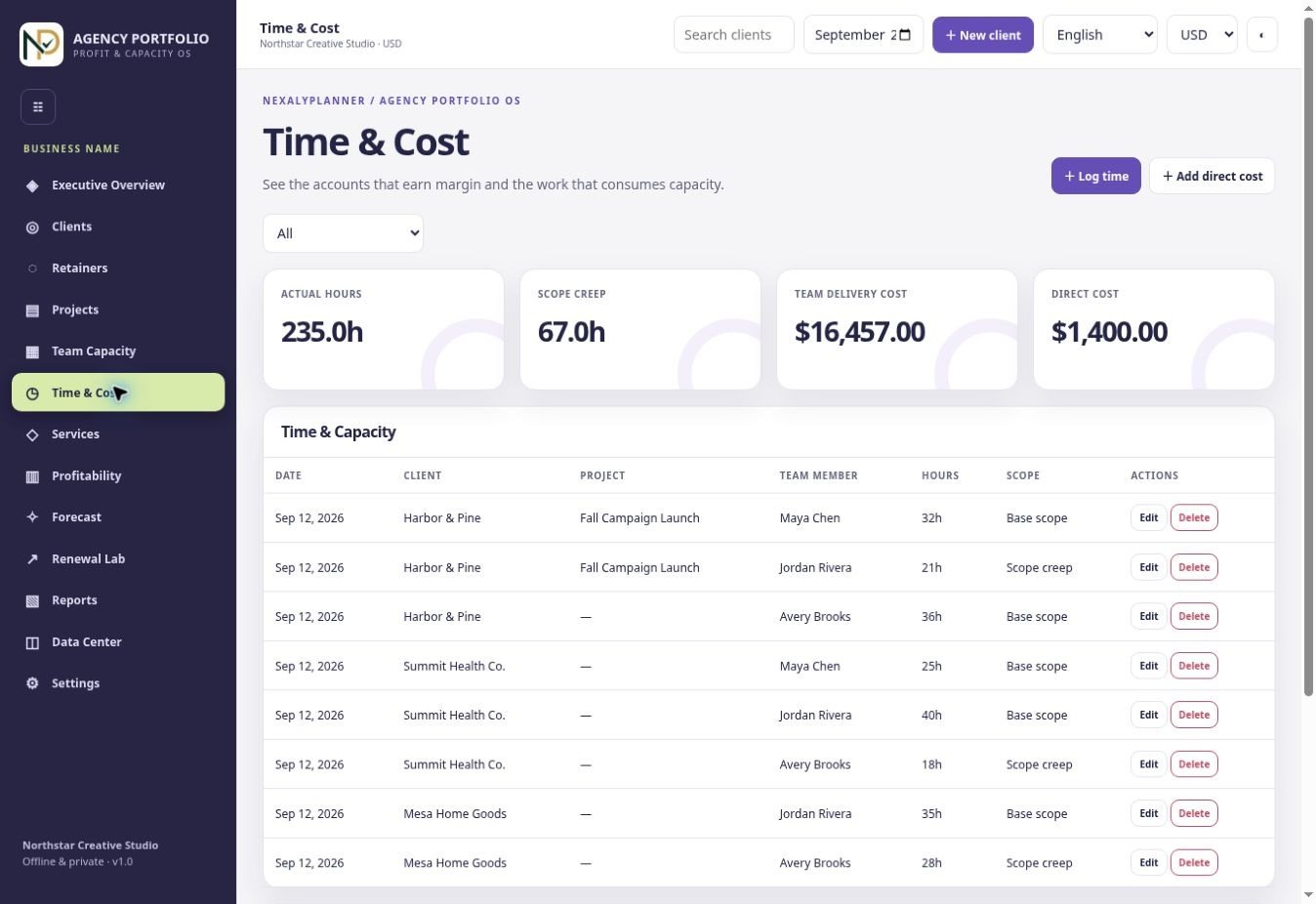 Actual Agency Portfolio OS Time & Cost screen with fictional Northstar Creative Studio demo records
