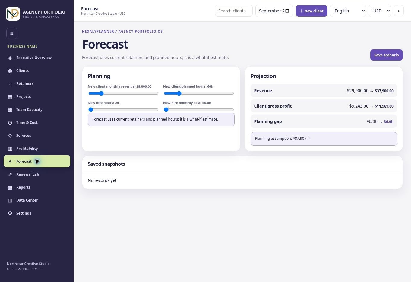 Actual Agency Portfolio OS Forecast screen with fictional Northstar Creative Studio demo records