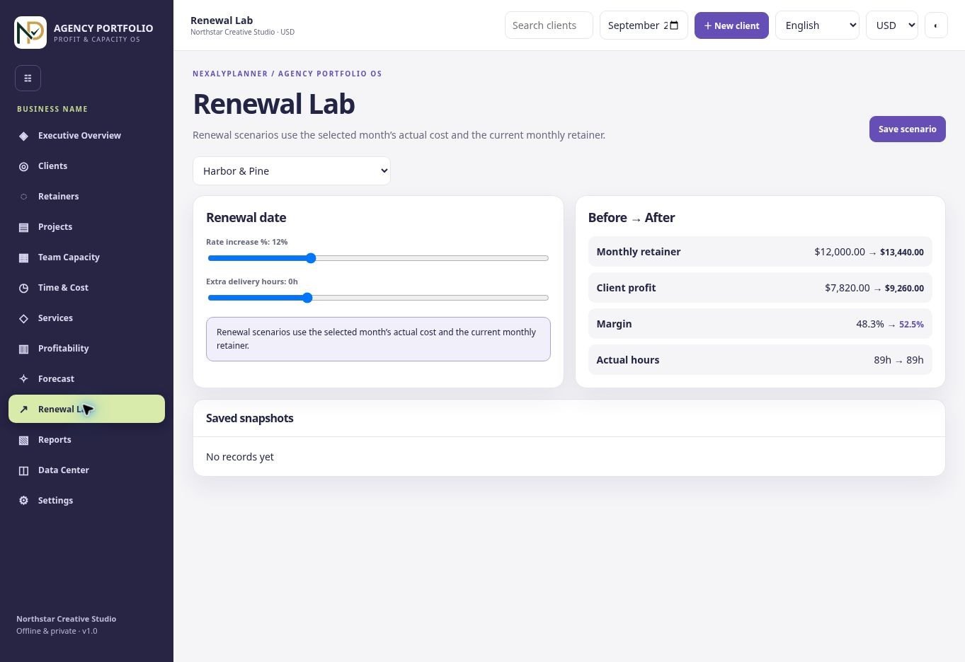 Actual Agency Portfolio OS Renewal Lab screen with fictional Northstar Creative Studio demo records