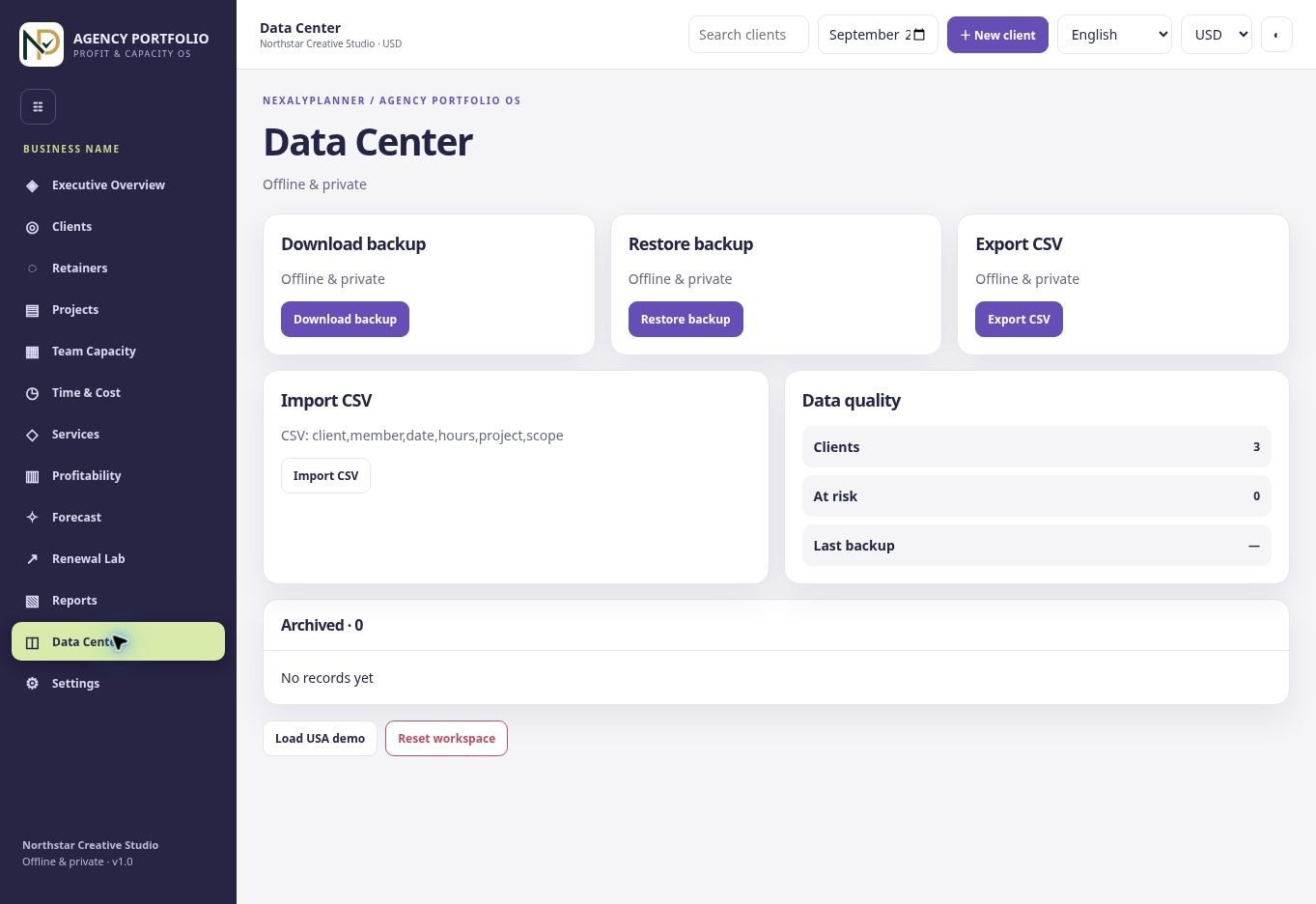 Actual Agency Portfolio OS Data Center screen with fictional Northstar Creative Studio demo records