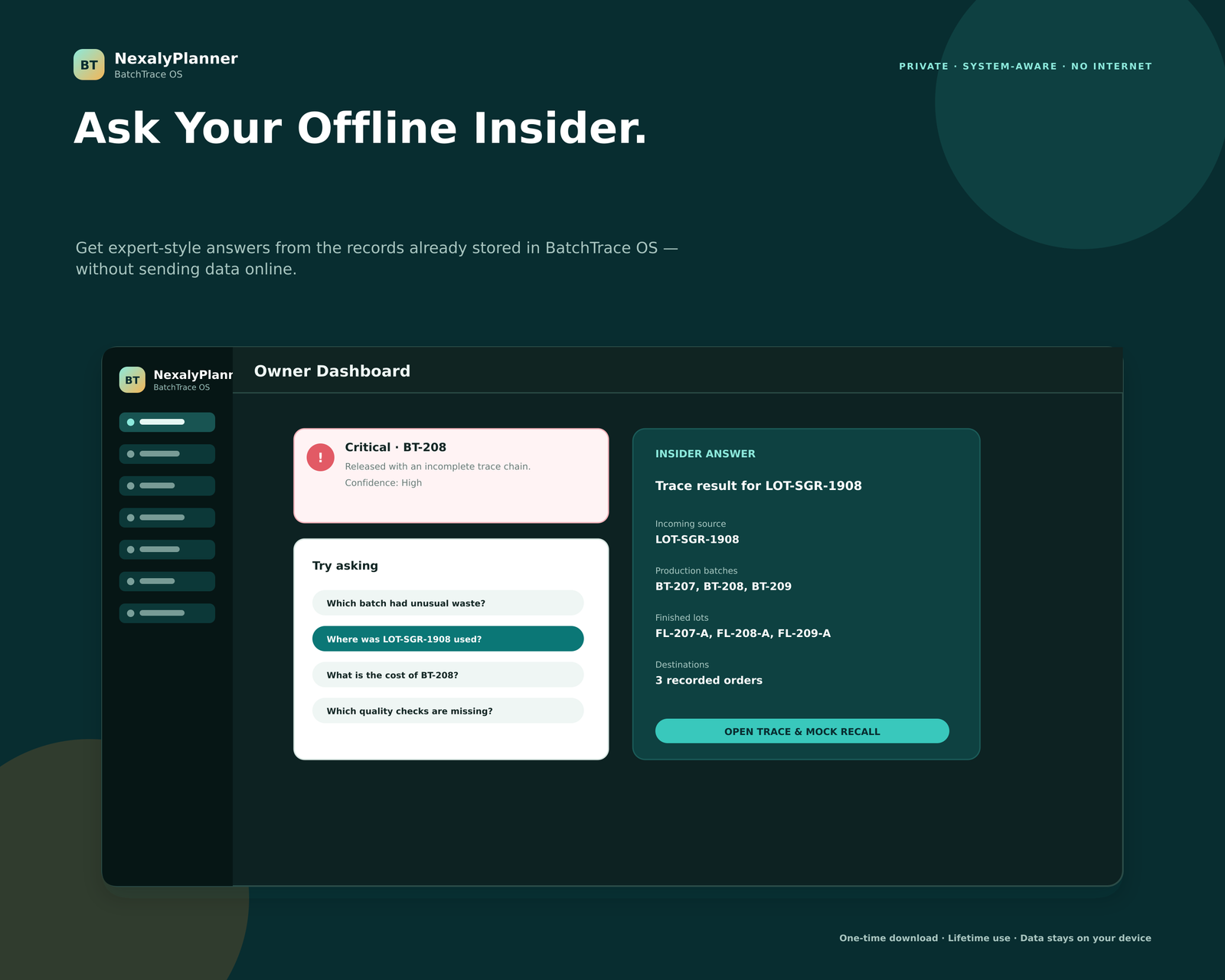 Offline BatchTrace Insider answering questions about expiring lots, holds, waste, yield, trace gaps, cost and system health