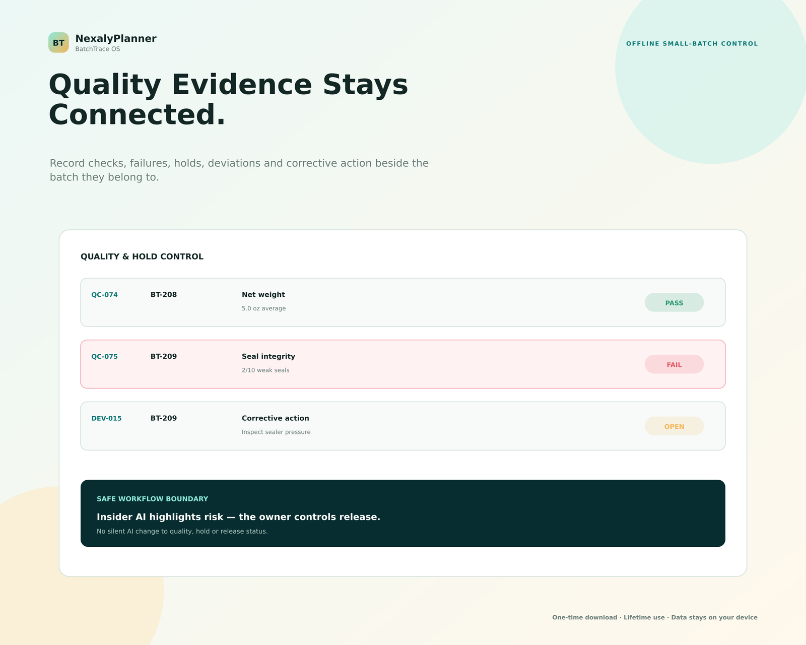 Quality control and hold management screen with pass, fail, pending, deviation and release status records