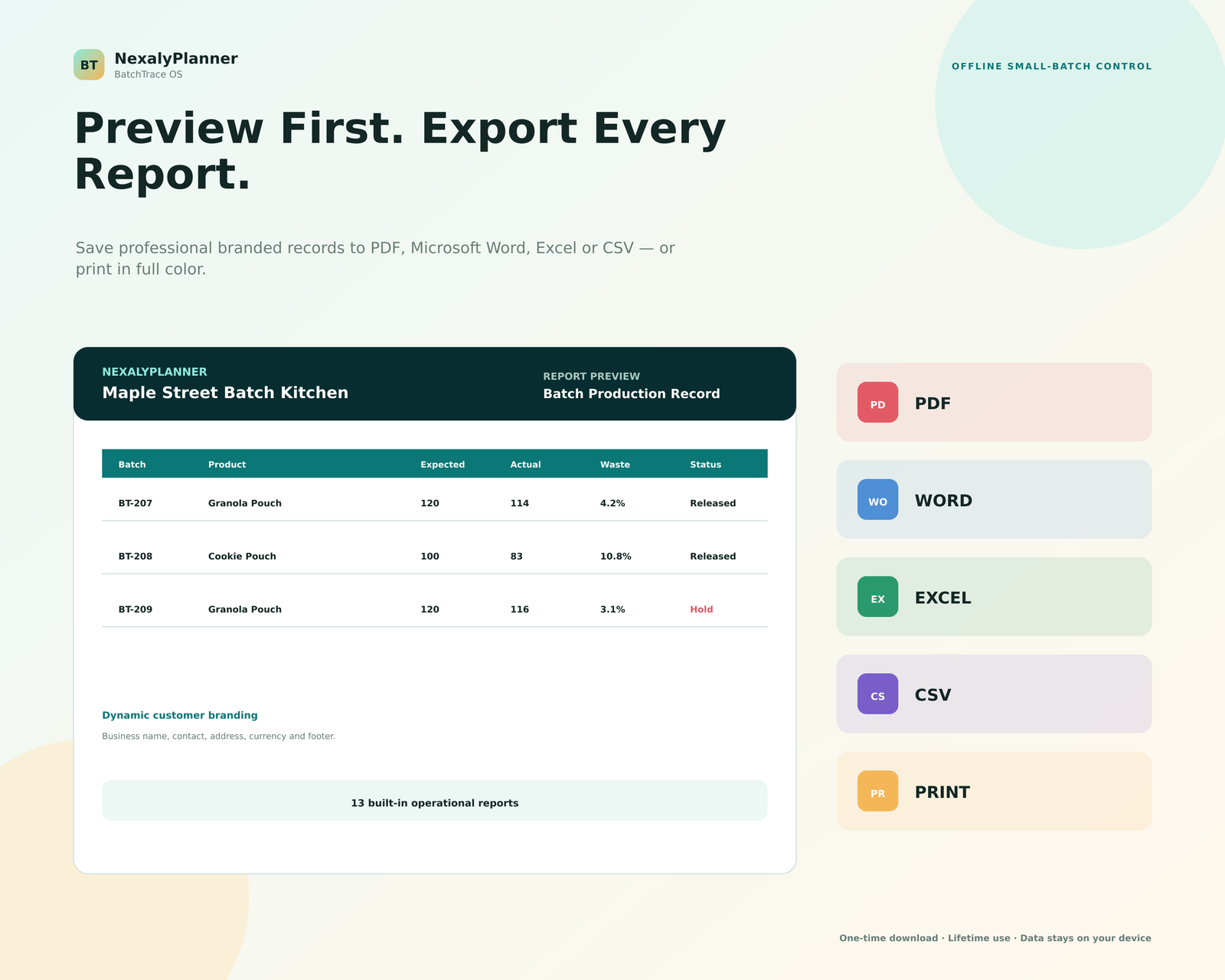 Professional BatchTrace report preview with CSV, Excel XLSX, Word DOCX, PDF and print export controls