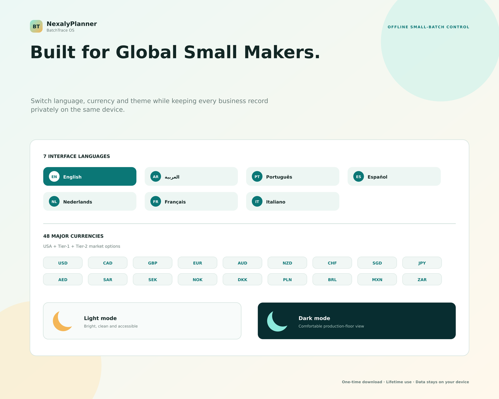 BatchTrace international settings with seven interface languages, 48 currencies, Arabic RTL and light or dark themes