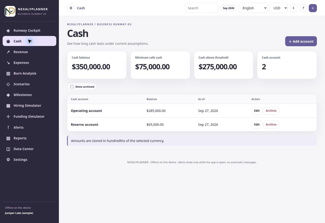 Actual Business Runway OS Cash Accounts screen with fictional Juniper Labs sample data