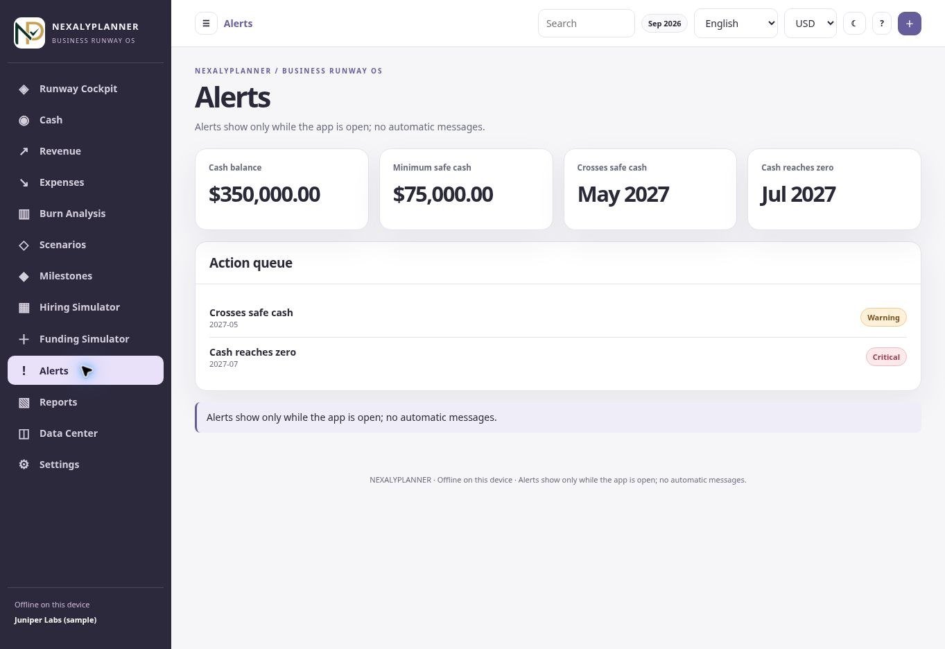 Actual Business Runway OS Alerts screen with fictional Juniper Labs sample data