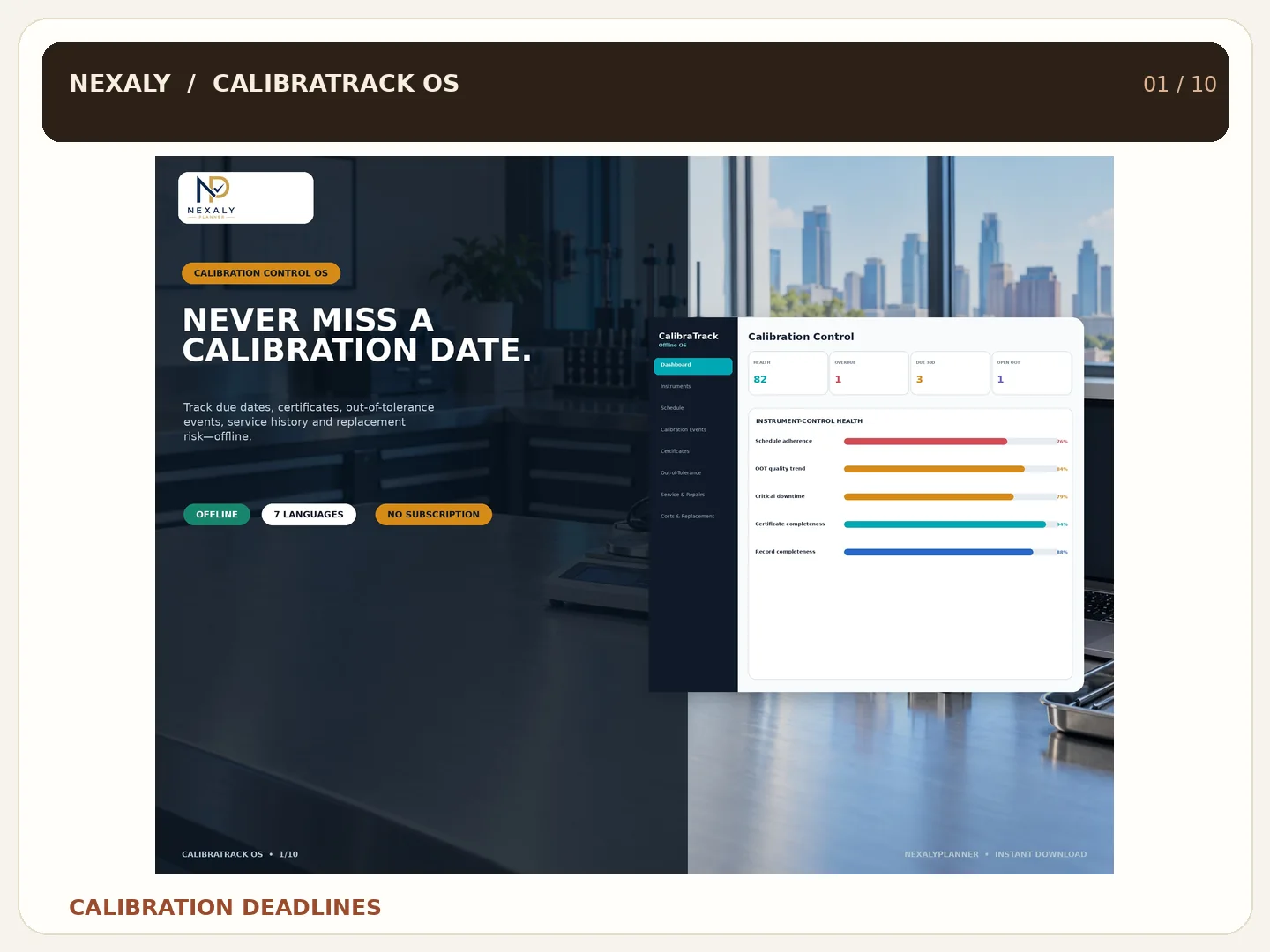 CalibraTrack OS calibration tracking overview with due dates and dashboard